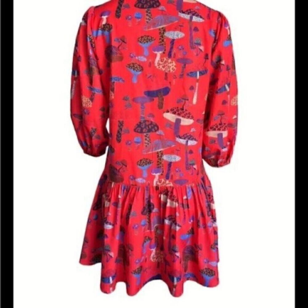 Red Animal Print Mushroom  Lantern Sleeve Mini Dress S - Picture 2 of 12